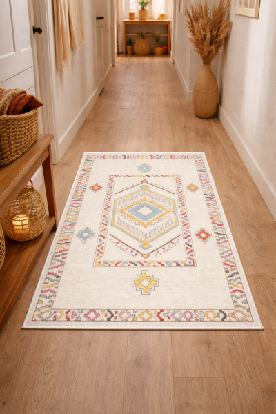 Drom Pamuk Dokuma Taban Kaymaz Şönil Makinede Yıkanabilir Krem Pastel Etnik Desenli Salon Yatak Odası Mutfak Koridor Yolluk Halı