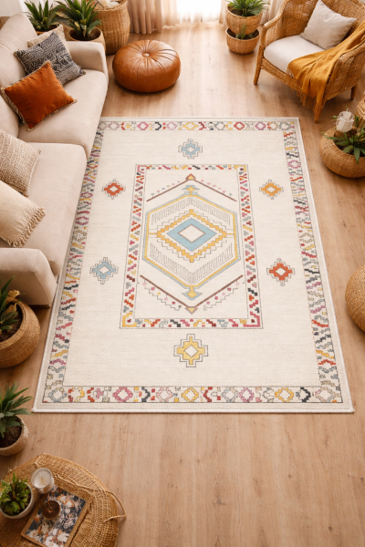 Drom Pamuk Dokuma Taban Kaymaz Şönil Makinede Yıkanabilir Krem Pastel Etnik Desenli Salon Yatak Odası Mutfak Koridor Yolluk Halı