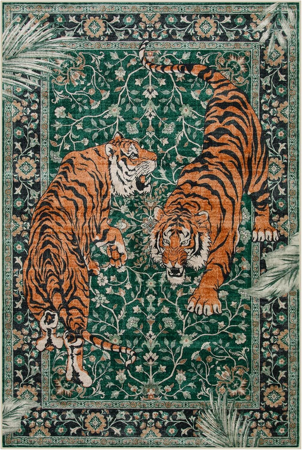 Drom Pamuk Dokuma Taban Makinede Yıkanabilen Kilim Kaymaz Şönil  Kaplan Desenli Yeşil Otantik Halı