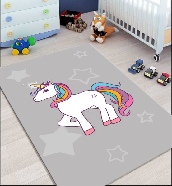 Cino 74 Gri Beyaz Unicorn Çocuk Odası Halı Bebek Oyun Halısı