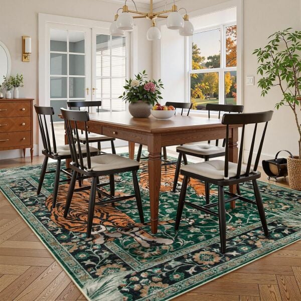 Drom Pamuk Dokuma Taban Makinede Yıkanabilen Kilim Kaymaz Şönil  Kaplan Desenli Yeşil Otantik Halı