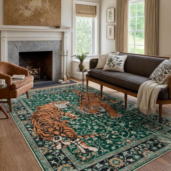 Drom Pamuk Dokuma Taban Makinede Yıkanabilen Kilim Kaymaz Şönil  Kaplan Desenli Yeşil Otantik Halı