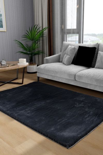 Luka Tavşan Post Siyah Yumuşak Tüylü Kaymaz Tabanlı Ekstra Yumuşak Dokulu Halı