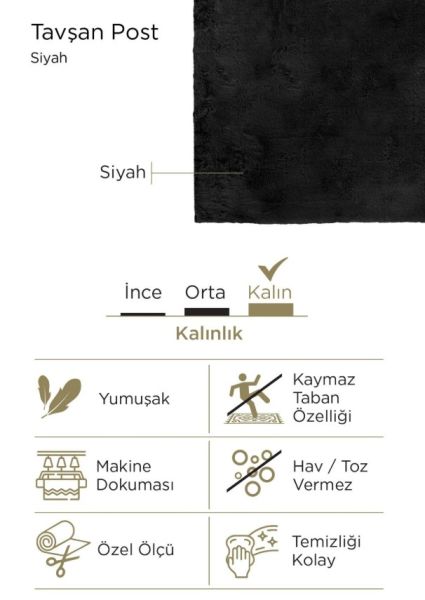 Luka Tavşan Post Siyah Yumuşak Tüylü Kaymaz Tabanlı Ekstra Yumuşak Dokulu Halı