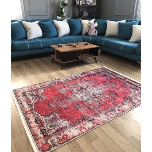 Halımax Dara 104 Yıkanabilir Kaymaz Dokuma Tabanlı Vintage Kırmızı Eskitme Desenli Halı 100x200