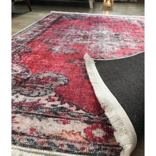 Halımax Dara 104 Yıkanabilir Kaymaz Dokuma Tabanlı Vintage Kırmızı Eskitme Desenli Halı 100x200