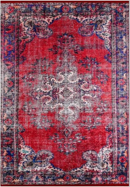 Halımax Dara 104 Yıkanabilir Kaymaz Dokuma Tabanlı Vintage Kırmızı Eskitme Desenli Halı 100x200