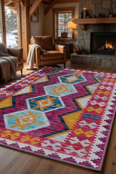 Drom Pamuk Dokuma Taban Kaymaz Şönil Makinede Yıkanabilir Multi Kilim Desen Bohem Salon Yatak Odası Mutfak Koridor Yolluk Halı