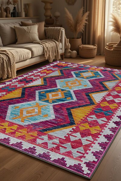 Drom Pamuk Dokuma Taban Kaymaz Şönil Makinede Yıkanabilir Multi Kilim Desen Bohem Salon Yatak Odası Mutfak Koridor Yolluk Halı